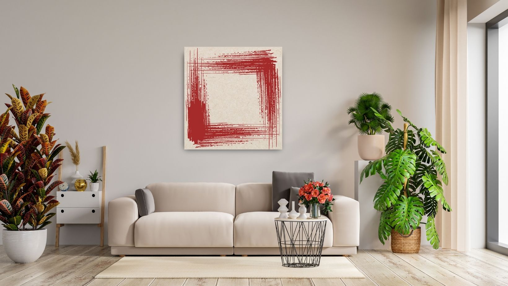 Square canvas, Maroon red and beige Abstract Wall Art print featuring thick, dramatic brushstrokes effects forming a rough Square or Frame shape. Ideal Minimalist for Contemporary Living Room Decor.