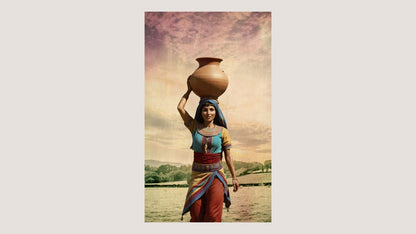 Vertical Vintage Style Canvas Art of a woman in traditional clothes carrying a large Clay Pot on her head, set against a colorful Nile landscape. Ideal Cultural or Bohemian Living Room Decor.