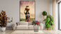 Vertical framed Vintage Style Canvas Art of a woman in traditional clothes carrying a large Clay Pot on her head, set against a colorful Nile landscape. Ideal for Bohemian Living Room Decor.