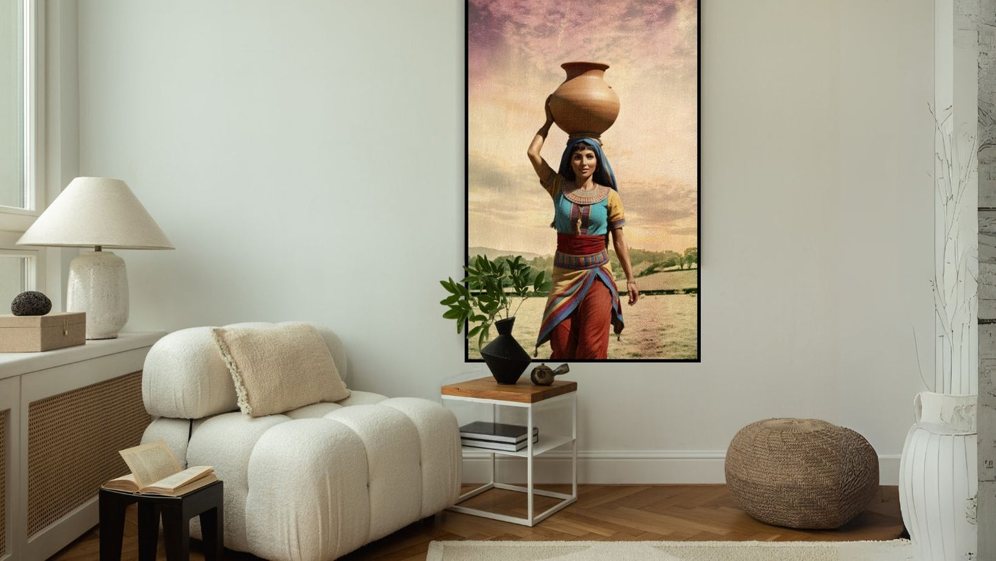Vertical framed Vintage Style Canvas Art of a woman in traditional clothes carrying a large Clay Pot on her head, set against a colorful Nile landscape. Ideal Cultural or Bohemian Living Room Decor.