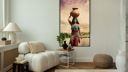 Vertical framed Vintage Style Canvas Art of a woman in traditional clothes carrying a large Clay Pot on her head, set against a colorful Nile landscape. Ideal Cultural or Bohemian Living Room Decor.