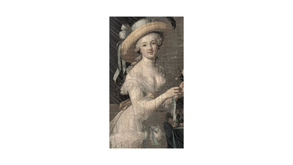 Vertical Classical Rococo Portrait of an 18th-century style French Woman in a Sun Hat. Ideal Vintage, Traditional, or Shabby Chic Living Room Decor accent.