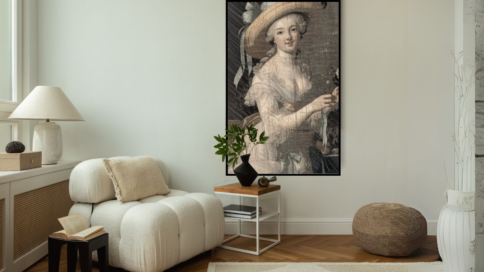 Vertical framed Classical Rococo Portrait canvas print of an 18th-century style French Woman in a Sun Hat. Ideal Vintage, Traditional, or Shabby Chic Living Room Decor accent.