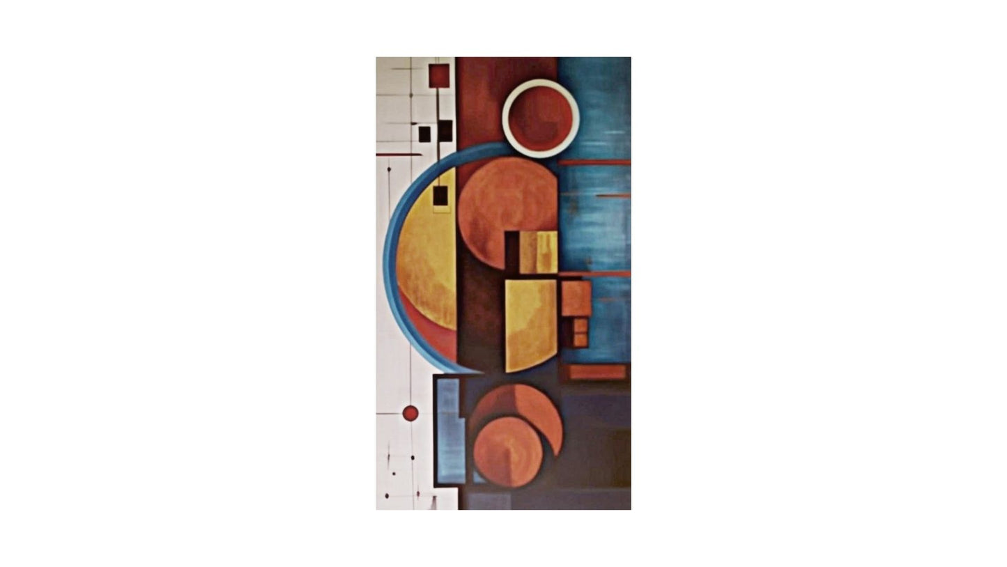Vertical Abstract Geometric Wall Art featuring overlapping circles and rectangles in Terracotta, Dark Blue, and Yellow. Ideal Mid-Century Modern or Contemporary Living Room Decor.