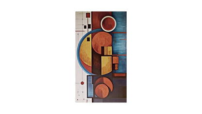 Vertical Abstract Geometric Wall Art featuring overlapping circles and rectangles in Terracotta, Dark Blue, and Yellow. Ideal Mid-Century Modern or Contemporary Living Room Decor.