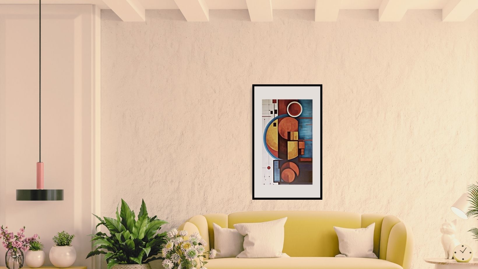 Vertical framed Abstract Geometric Wall Art print featuring overlapping circles and rectangles in Terracotta, Dark Blue, and Yellow. Ideal Mid-Century Modern or Contemporary Living Room Decor.