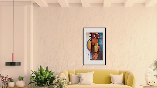 Vertical framed Abstract Geometric Wall Art print featuring overlapping circles and rectangles in Terracotta, Dark Blue, and Yellow. Ideal Mid-Century Modern or Contemporary Living Room Decor.