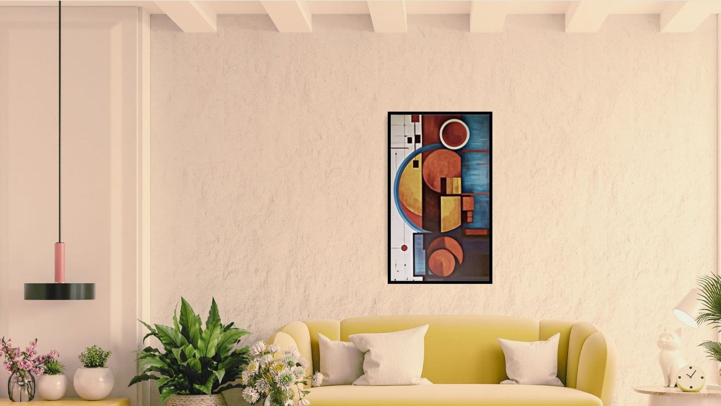 Vertical framed Abstract Geometric Wall Art canvas featuring overlapping circles and rectangles in Terracotta, Dark Blue, and Yellow. Ideal Mid-Century Modern or Contemporary Living Room Decor.