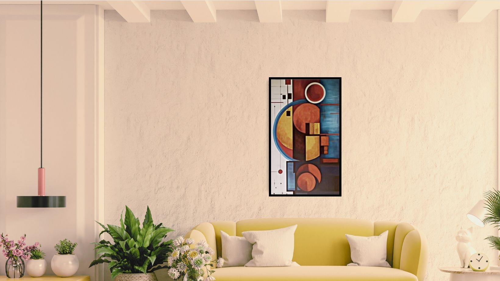 Vertical framed Abstract Geometric Wall Art canvas featuring overlapping circles and rectangles in Terracotta, Dark Blue, and Yellow. Ideal Mid-Century Modern or Contemporary Living Room Decor.