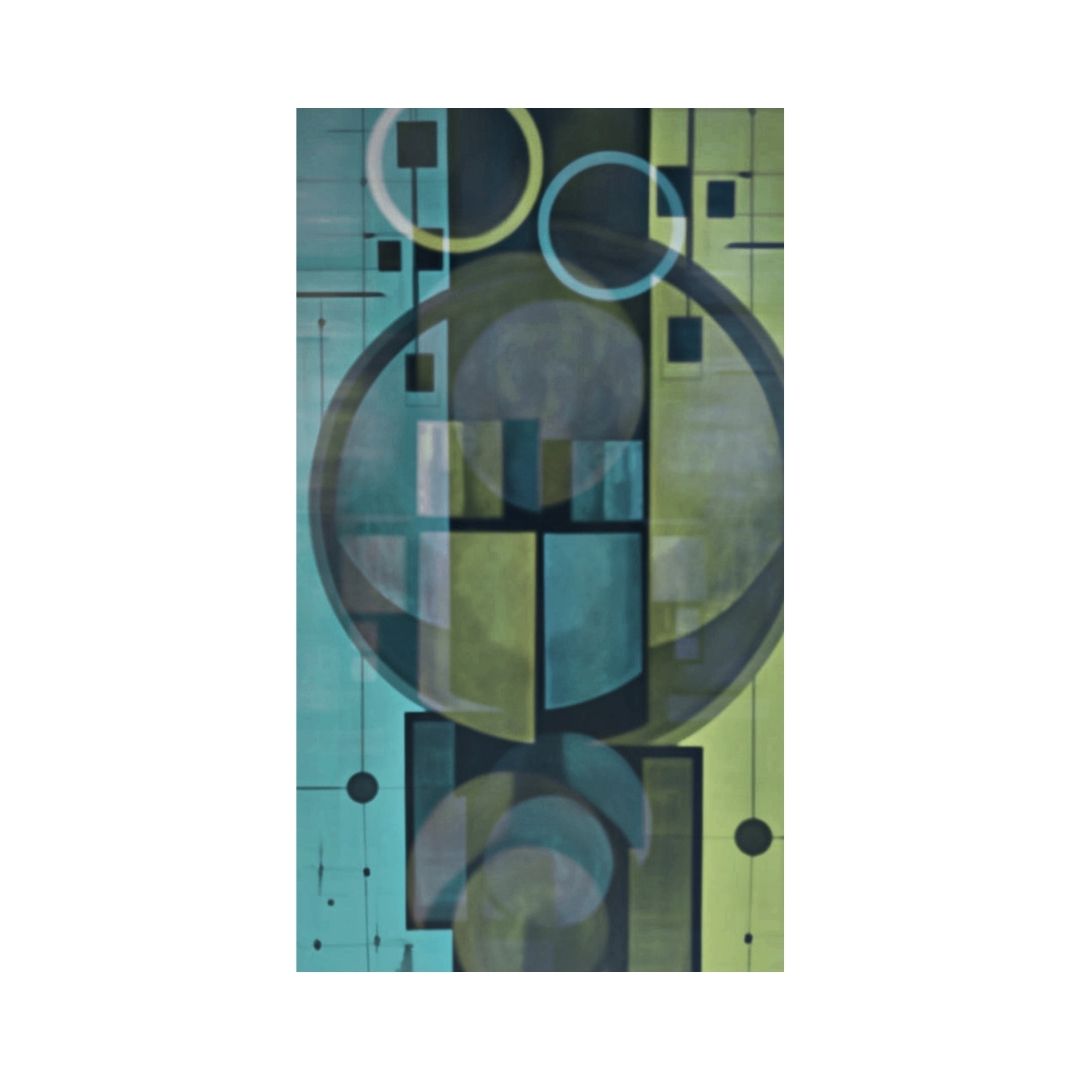 Vertical Abstract Geometric Wall Art featuring large, interlocking, semi-transparent shapes in deep Teal, Blue, and Green with circular elements. Ideal Contemporary or Mid-Century Modern Living Room Decor.