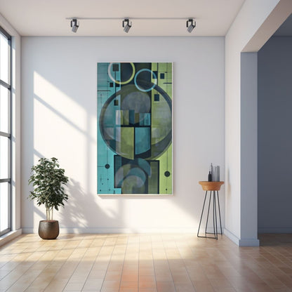 Vertical Abstract Geometric Wall Art canvas featuring large, interlocking, semi-transparent shapes in deep Teal, Blue, and Green with circular elements. Ideal Contemporary or Mid-Century Modern Living Room Decor.