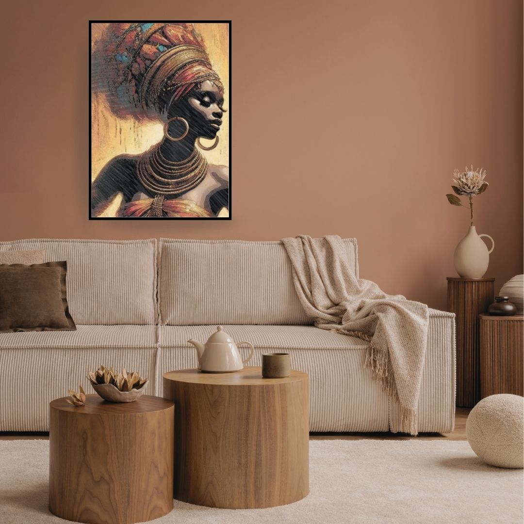 Stylized portrait of a African woman adorned in traditional African costume. wall art canvas by wall ad more