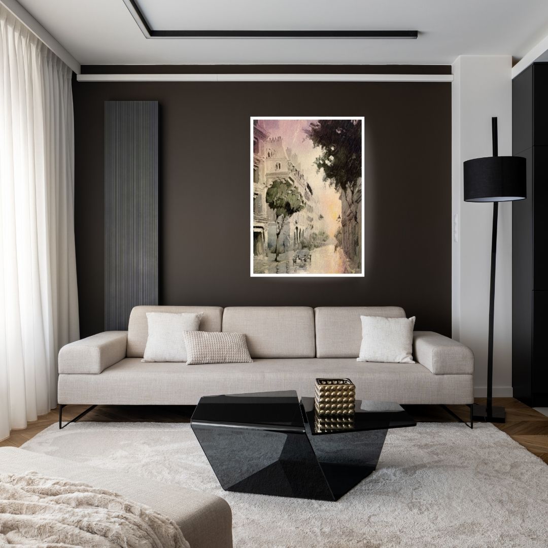 Vertical Framed Atmospheric Impressionist Wall Art canvas print depicting a misty or wet Old Cairo Street Scene with historic architecture and soft light. Ideal Traditional or Cultural Living Room Decor.