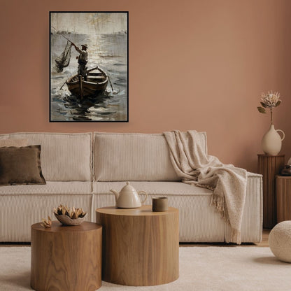 Vertical framed Impressionistic Textured like Canvas Art depicting a Solitary Fisherman casting a net from a rowboat on moody, reflective water. Ideal for classical Living Room Decor.