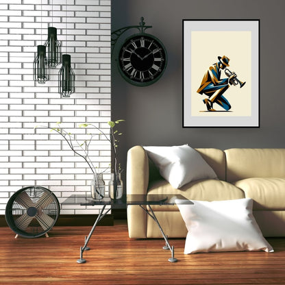 Vertical framed Minimalist Geometric Art print of a crouching Jazz Musician playing a Trumpet, using bold, stylized shapes. Ideal Music Studio Decor or Modern Living Room accent.
