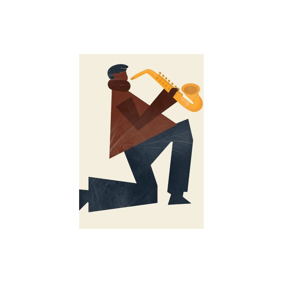 Vertical Minimalist Geometric Figurative Wall Art of a kneeling Jazz Musician playing a Saxophone in brown, blue, and yellow blocks. Ideal Music Studio Decor or Contemporary Living Room accent.