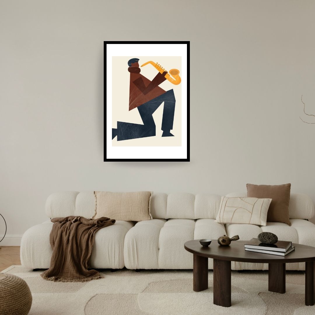 Vertical framed Minimalist Geometric Figurative Wall Art print of a kneeling Jazz Musician playing a Saxophone in brown, blue, and yellow blocks. Ideal Music Studio Decor or Contemporary Living Room accent.