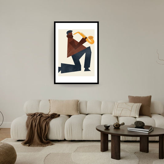 Vertical framed Minimalist Geometric Figurative Wall Art print of a kneeling Jazz Musician playing a Saxophone in brown, blue, and yellow blocks. Ideal Music Studio Decor or Contemporary Living Room accent.