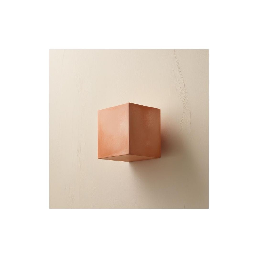 Square Minimalist 3D Geometric Art featuring a single Terracotta or Copper-Colored Cube floating against a soft beige background. Ideal Modern, Minimalist, or Living room Decor accent.