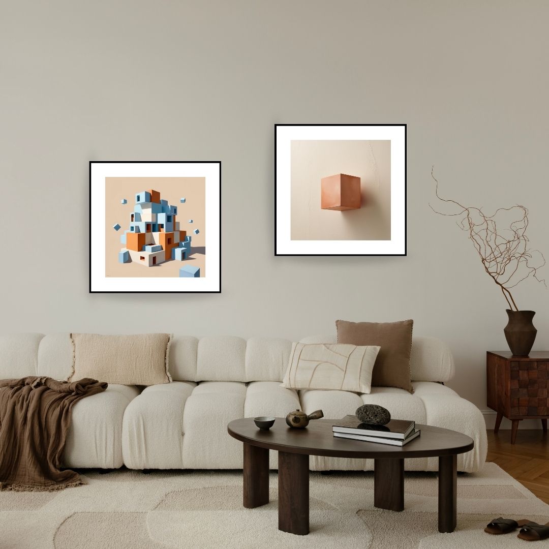 Contemporary Geometric Diptych Wall Art Set (2 prints) featuring 3D Cubes/Blocks: one stacked abstract in blue and orange, and one floating Terracotta cube. Ideal Modern, Minimalist, or Office Decor.