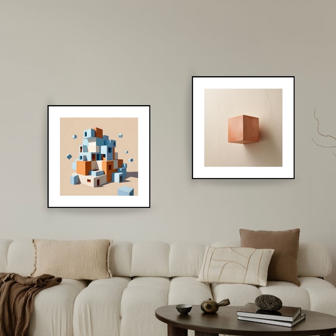 Contemporary Geometric Diptych Wall Art Set (2 prints) featuring 3D Cubes/Blocks: one stacked abstract in blue and orange, and one floating Terracotta cube. Ideal Modern, Minimalist, or Office Decor.