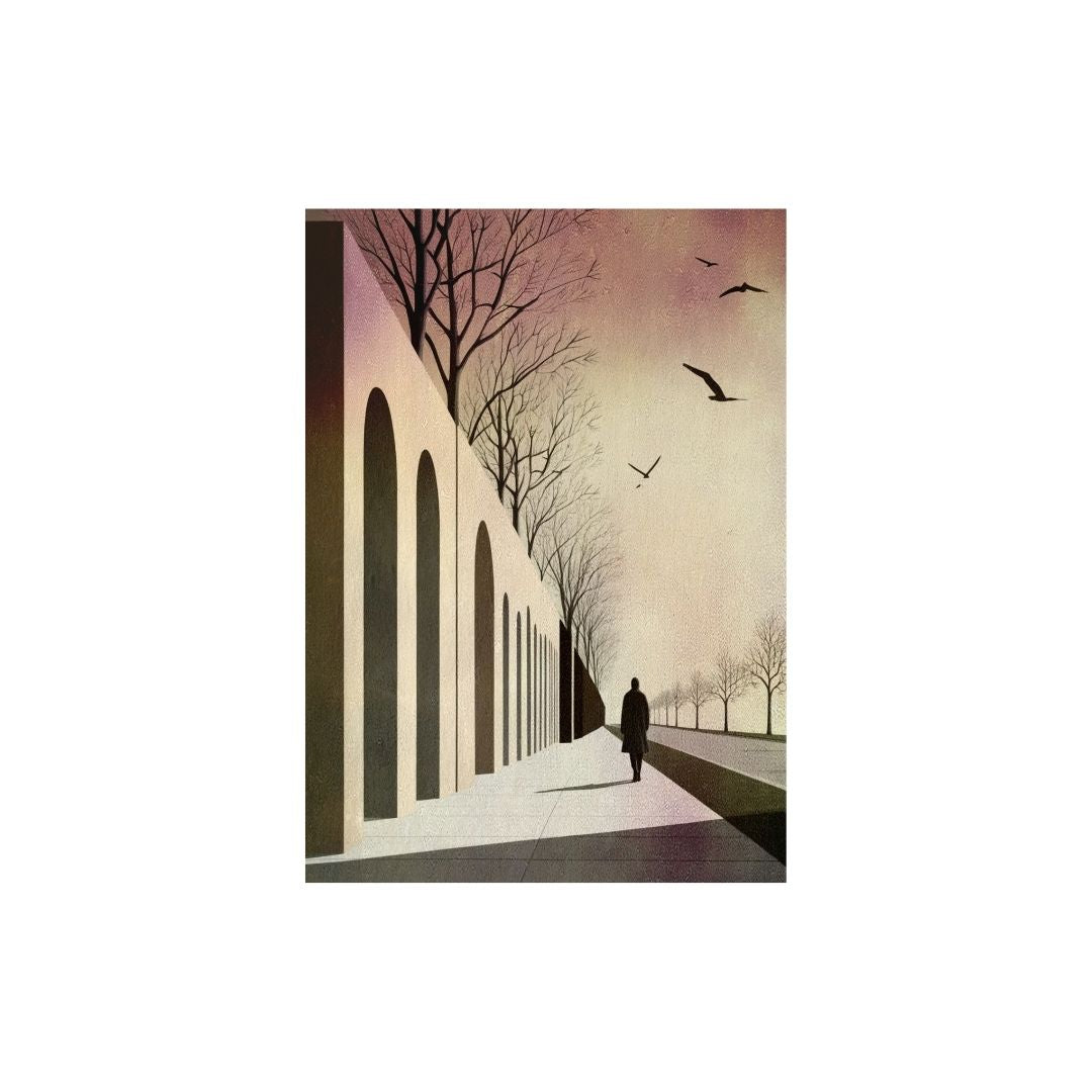 Vertical Surrealist Wall Art depicting a solitary figure walking along a long path bordered by repeating shadowed Arches beneath a hazy Pink and Yellow Sky. Ideal Modern Abstract or Contemplative Decor.