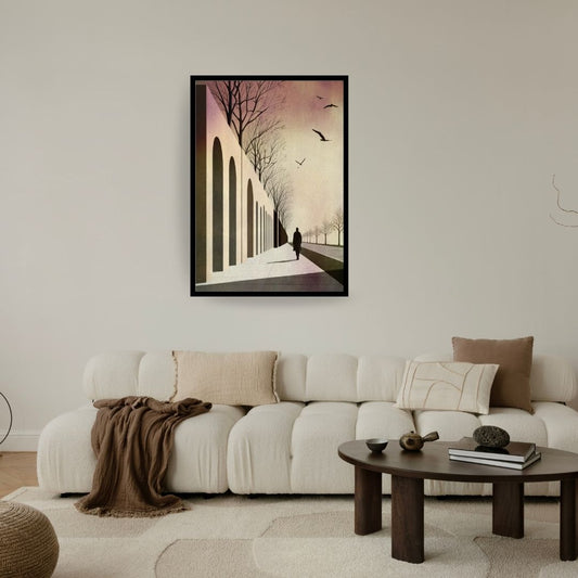 Vertical framed Surrealist Wall Art print depicting a solitary figure walking along a long path bordered by repeating shadowed Arches beneath a hazy Pink and Yellow Sky. Ideal Modern Abstract or Contemplative Decor.