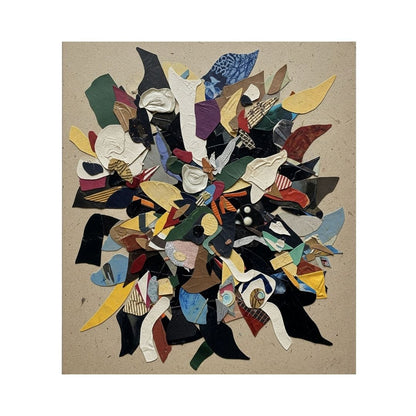 Vertical Abstract Mixed Media Collage Art featuring a vibrant cluster of fragmented, layered shapes and textures in Black, Red, Blue, and Yellow. Ideal Contemporary or Eclectic Living Room Decor.