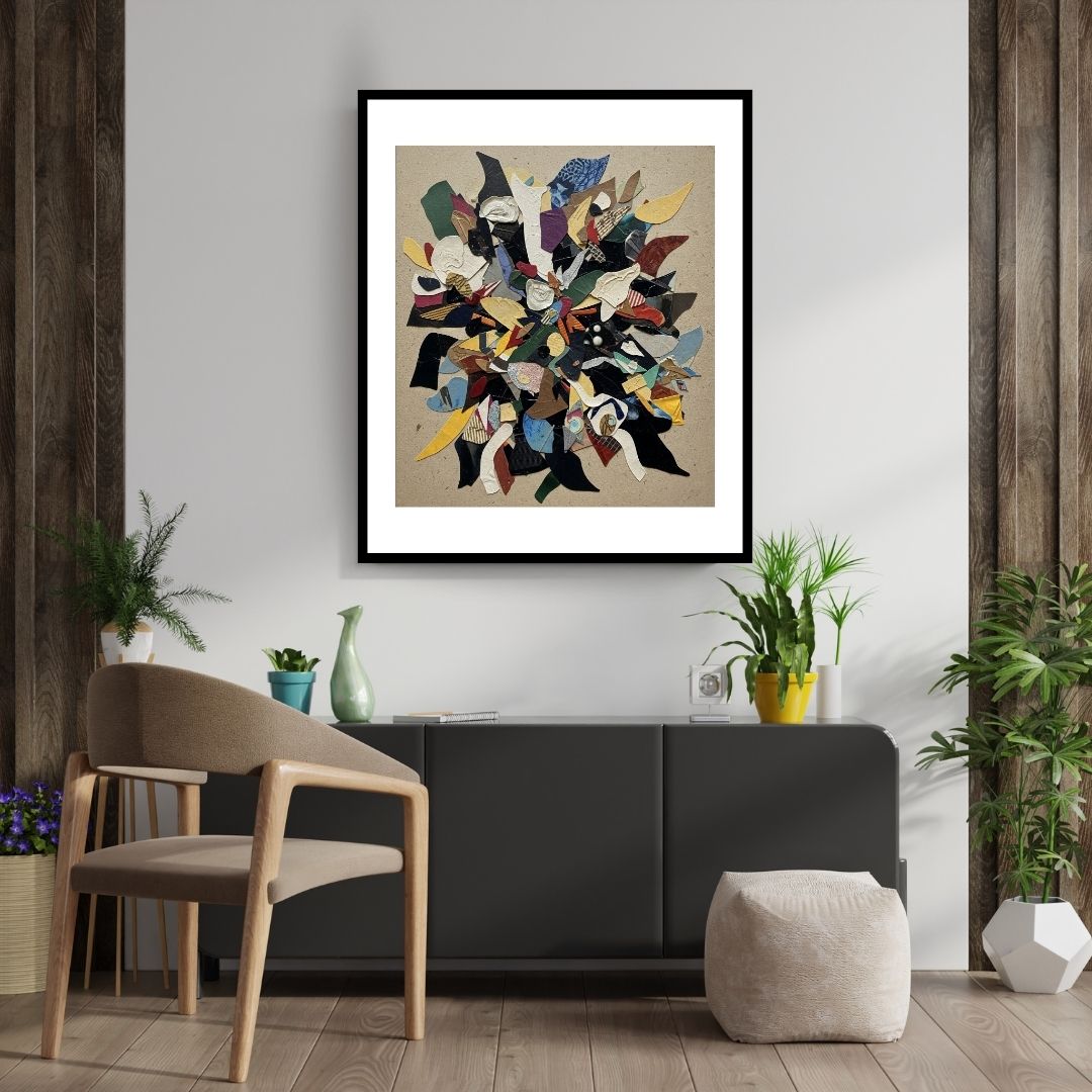 Vertical framed Abstract Mixed Media Collage print featuring a vibrant cluster of fragmented, layered shapes and textures in Black, Red, Blue, and Yellow. Ideal Contemporary or Eclectic Living Room Decor.