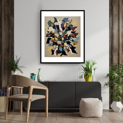 Vertical framed Abstract Mixed Media Collage print featuring a vibrant cluster of fragmented, layered shapes and textures in Black, Red, Blue, and Yellow. Ideal Contemporary or Eclectic Living Room Decor.