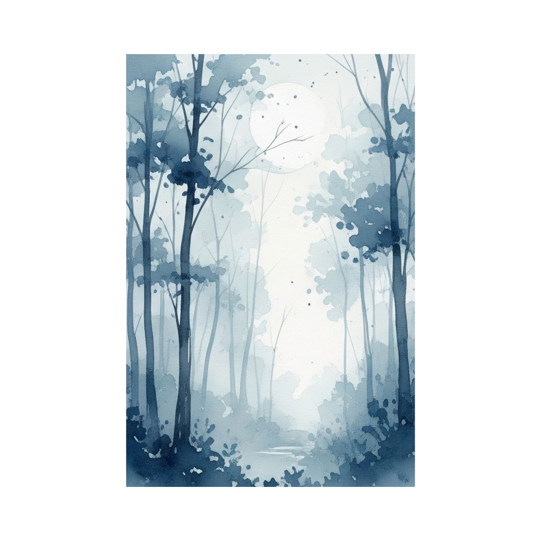 Vertical Expressive Blue Watercolor-effect art depicting a serene and Misty Forest Landscape with tall, stylized trees. Ideal Tranquil Bedroom Decor or Coastal/Bohemian Living Room.