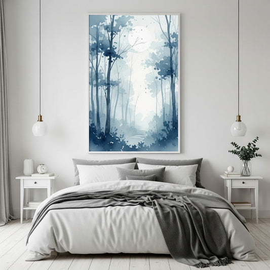 Vertical framed Expressive Blue Watercolor-effect canvas art depicting a serene and Misty Forest Landscape with tall, stylized trees. Ideal Tranquil Bedroom Decor or Coastal/Bohemian Living Room.