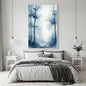 Vertical framed Expressive Blue Watercolor-effect canvas art depicting a serene and Misty Forest Landscape with tall, stylized trees. Ideal Tranquil Bedroom Decor or Coastal/Bohemian Living Room.