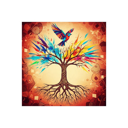 Square Abstract Folk Art depicting a gnarled Tree of Life with roots and a canopy of vibrant, colorful paint splashes, with a Rainbow Bird perched on top. Ideal Bohemian or Eclectic Living Room Decor.