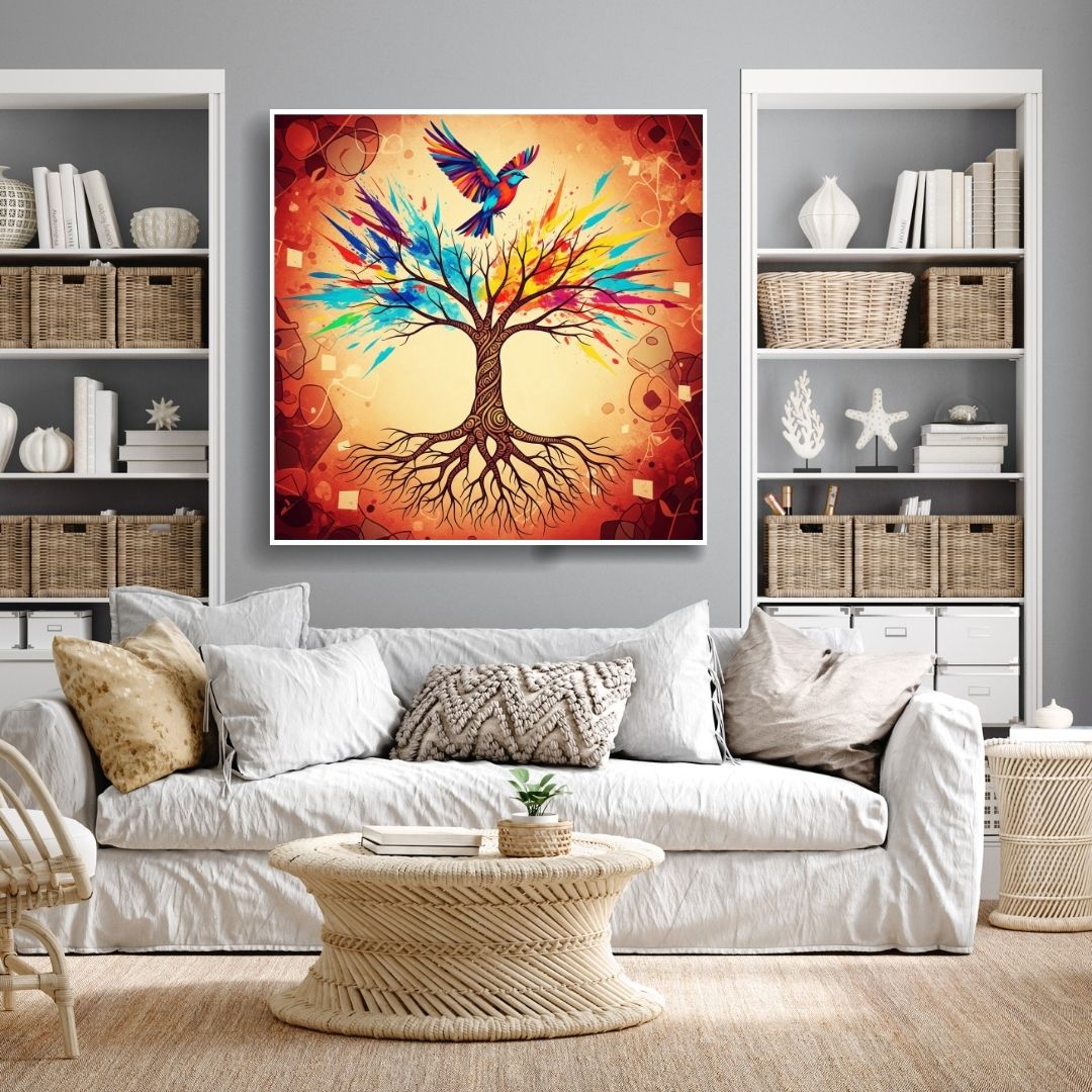 Square Abstract Folk Art Canvas print depicting a gnarled Tree of Life with roots and a canopy of vibrant, colorful paint splashes, with a Rainbow Bird perched on top. Ideal Bohemian or Eclectic Living Room Decor.