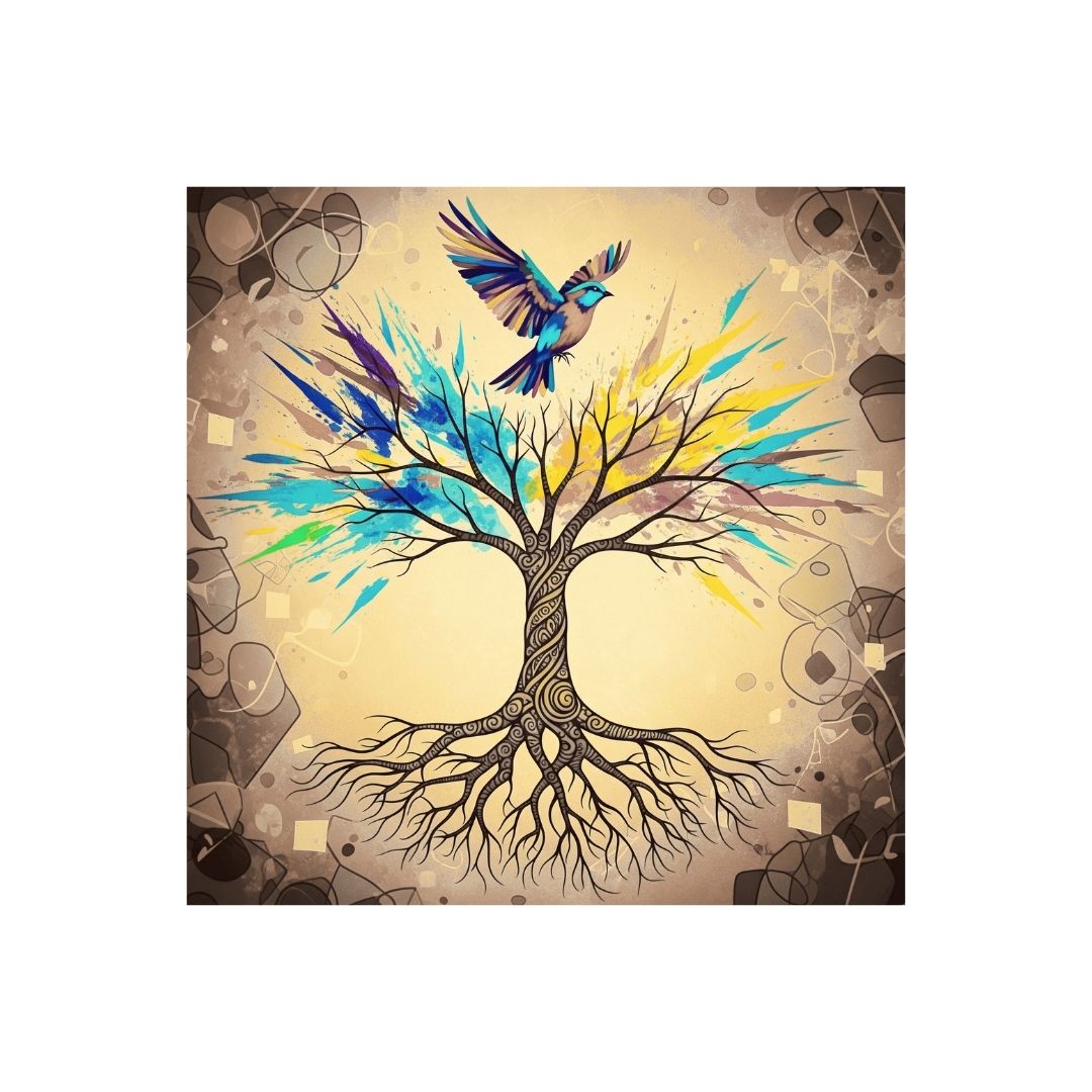 Square Abstract Folk Art depicting a gnarled Tree of Life with roots and a canopy of vibrant, colorful paint splashes, with a soft colored Bird perched on top. Ideal Bohemian or Eclectic Living Room Decor.