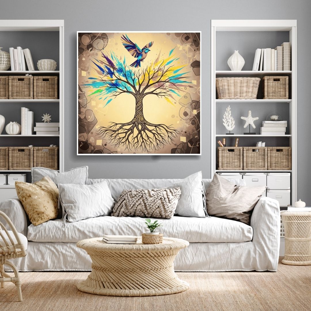Square Abstract Folk Art Canvas print depicting a gnarled Tree of Life with roots and a canopy of vibrant, colorful paint splashes, with a soft colored Bird perched on top. Ideal Bohemian or Eclectic Living Room Decor.