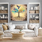 Square Abstract Folk Art Canvas print depicting a gnarled Tree of Life with roots and a canopy of vibrant, colorful paint splashes, with a soft colored Bird perched on top. Ideal Bohemian or Eclectic Living Room Decor.