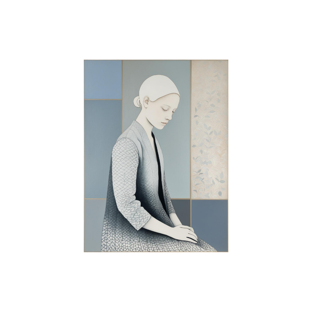 Minimalist Japandi wall art featuring a serene woman in a blue and grey kimono-style robe, set against a geometric abstract background. This contemporary figurative portrait, styled with neutral tones and botanical motifs, is displayed in a modern living room above a cream bouclé sofa, embodying a zen, tranquil interior design aesthetic.