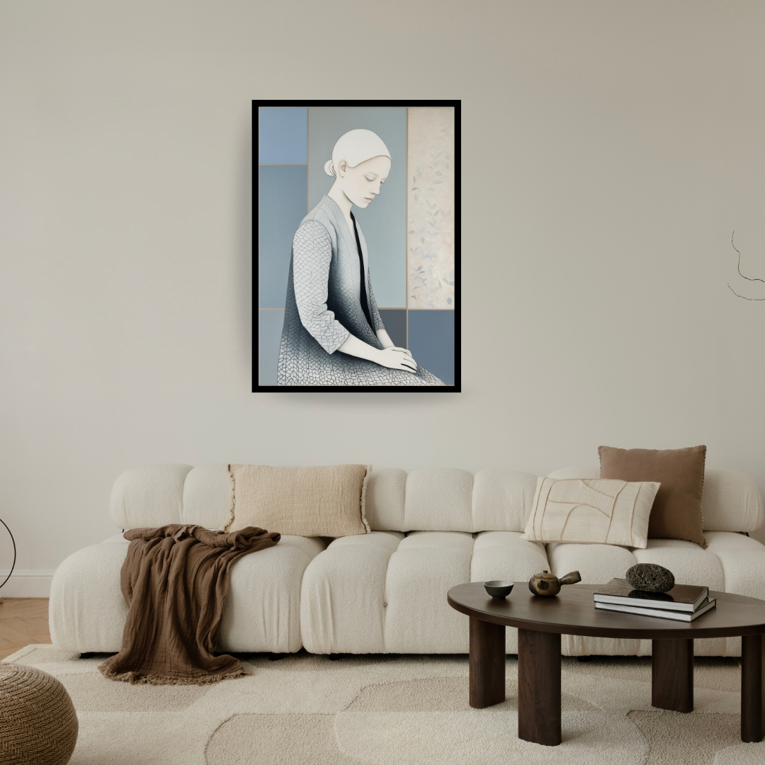 Minimalist Japandi wall art featuring a serene woman in a blue and grey kimono-style robe, set against a geometric abstract background. This contemporary figurative portrait, styled with neutral tones and botanical motifs, is displayed in a modern living room above a cream bouclé sofa, embodying a zen, tranquil interior design aesthetic.