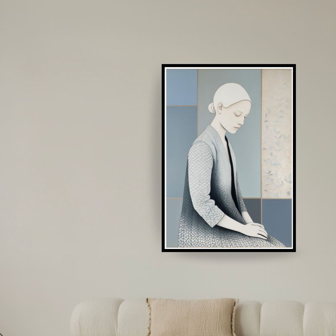 Minimalist Japandi wall art featuring a serene woman in a blue and grey kimono-style robe, set against a geometric abstract background. This contemporary figurative portrait, styled with neutral tones and botanical motifs, is displayed in a modern living room above a cream bouclé sofa, embodying a zen, tranquil interior design aesthetic.