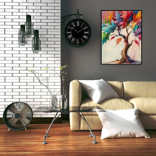 Vertical framed Vibrant Abstract Wall Art canvas featuring a stylized tree with a textured-like trunk and leaves in Rainbow Colors (Red, Blue, Green, Yellow). Ideal Contemporary, Eclectic, or Colorful Living Room Decor.