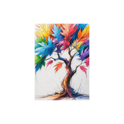 Vertical Vibrant Abstract Wall Art featuring a stylized tree with a textured-like trunk and leaves in Rainbow Colors (Blue, Pink, Yellow). Ideal Contemporary, Eclectic, or Colorful Living Room Decor.
