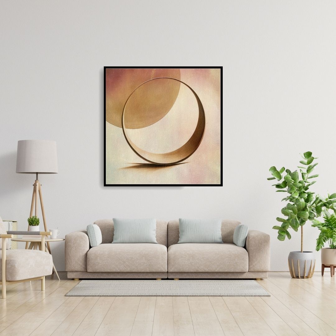 Square framed Minimalist Contemplative Wall Art canvas featuring a 3D Geometric Ring/Circle casting a shadow on a background of soft Pink and Beige Abstract Shapes. Ideal Modern or Zen Living Room Decor.