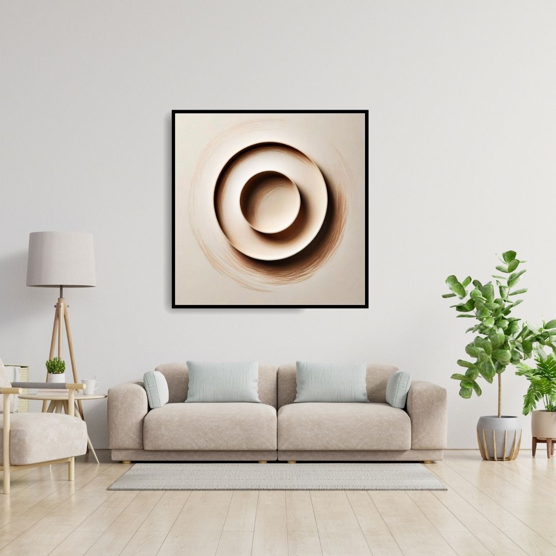 Square framed Minimalist Contemplative Wall Art print featuring a 3D Geometric Ring/Circle casting a shadow on a background of soft Pink and Beige Abstract Shapes. Ideal Modern or Zen Living Room Decor.