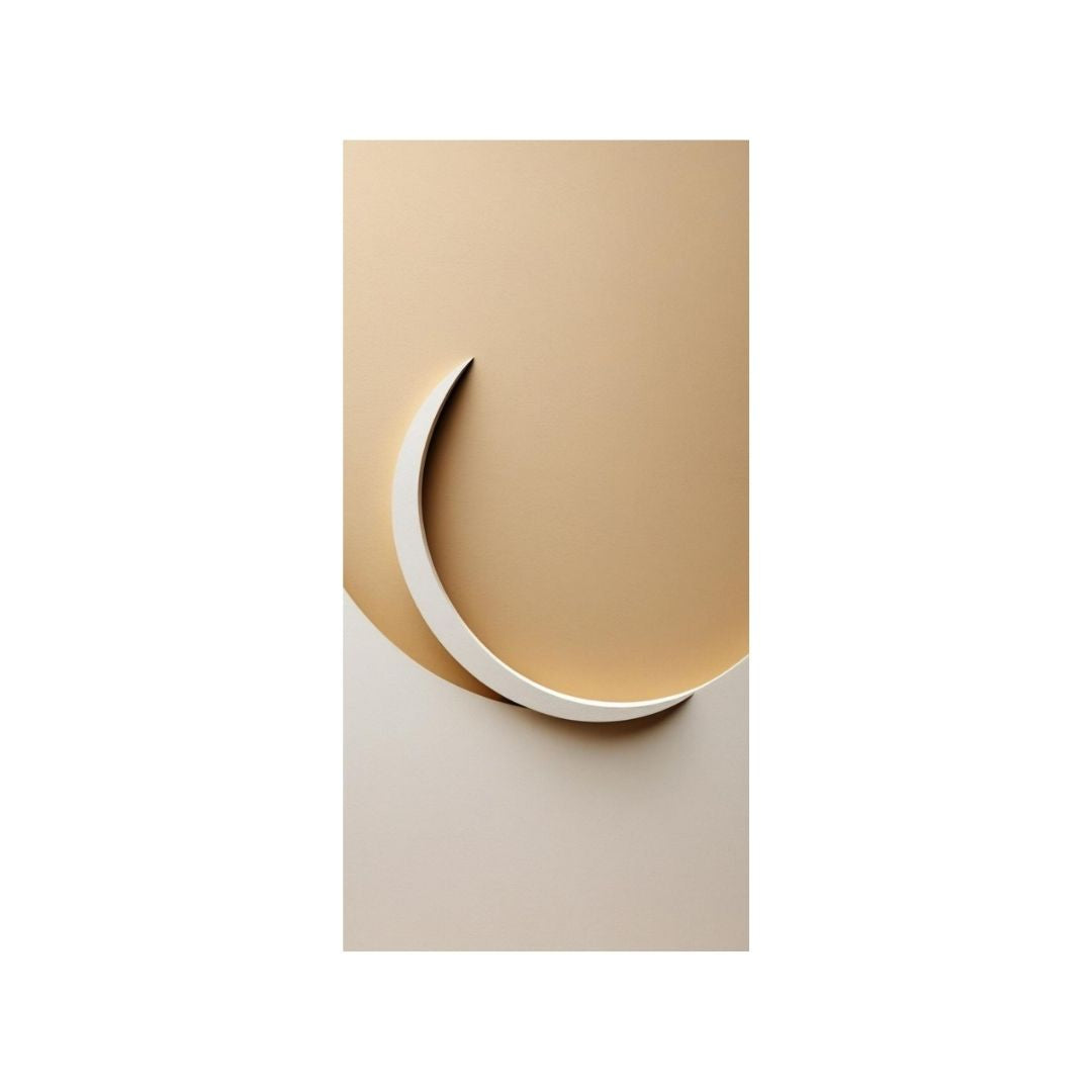 Vertical Elegant Minimalist Abstract wall art featuring a smooth White Crescent or arc shape dividing a background of warm Beige and Tan tones. Ideal Modern or Bohemian Living Room Decor.