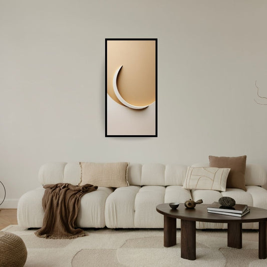 Vertical framed Elegant Minimalist Abstract wall art canvas featuring a smooth White Crescent or arc shape dividing a background of warm Beige and Tan tones. Ideal Modern or Bohemian Living Room Decor.