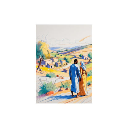 Vertical Post-Impressionist Style Illustration art depicting a couple in robes standing in a bright, vibrant Landscape with blue sky and yellow fields. Ideal Modern, Spiritual, or Contemporary Living Room Decor.