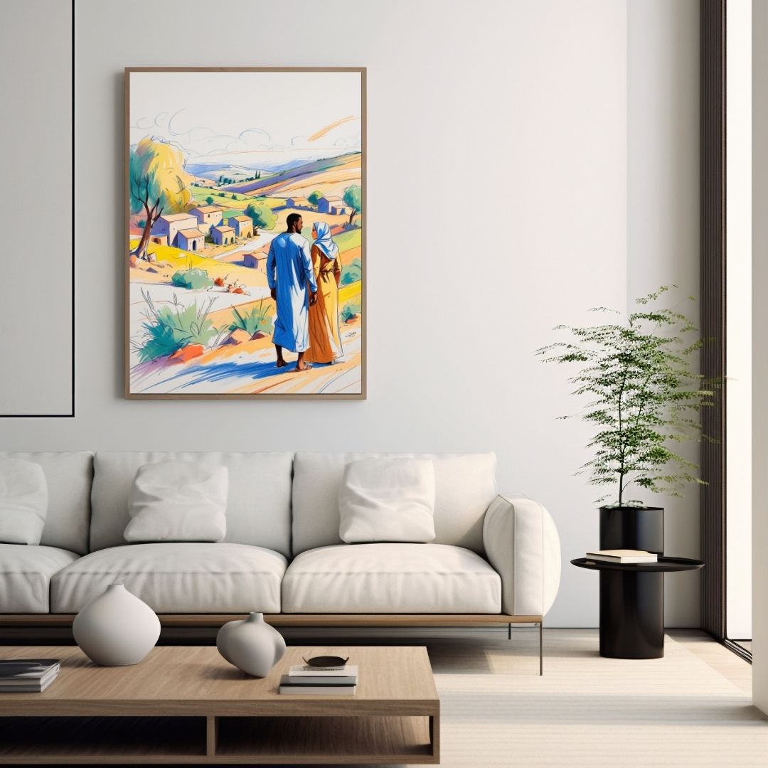 Vertical framed Post-Impressionist Style Illustration canvas art depicting a couple in robes standing in a bright, vibrant Landscape with blue sky and yellow fields. Ideal Modern, Spiritual, or Contemporary Living Room Decor.