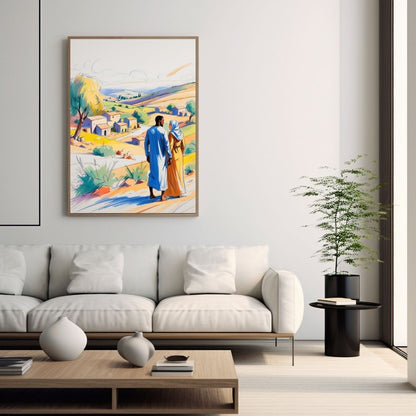 Vertical framed Post-Impressionist Style Illustration canvas art depicting a couple in robes standing in a bright, vibrant Landscape with blue sky and yellow fields. Ideal Modern, Spiritual, or Contemporary Living Room Decor.